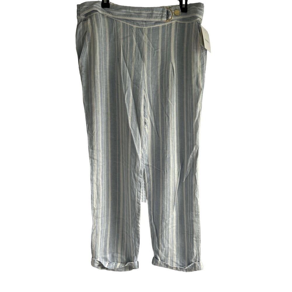 Ellen Tracy Large Linen Blend Chambray Blue & White Striped‎ Straight Leg Pants